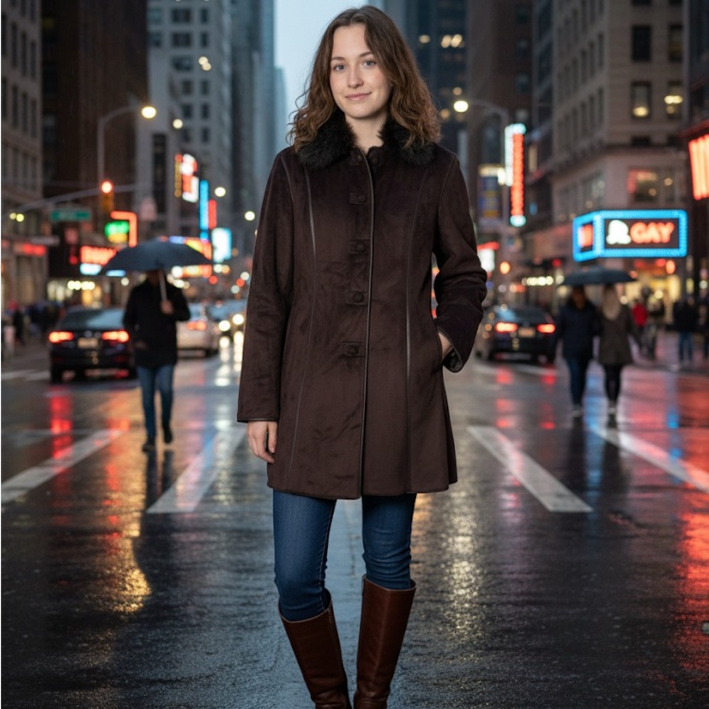 Anne Klein Chocolate Brown Fur Lined Suede Coat Size‎ S
